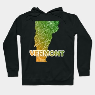 Colorful mandala art map of Vermont with text in green and orange Hoodie